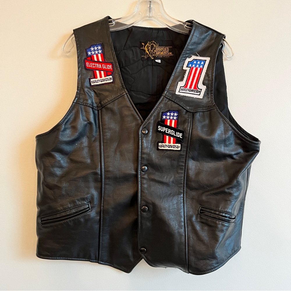 Harley Davidson Black Leather Vest with Owner Patches, Men’s 44 XL